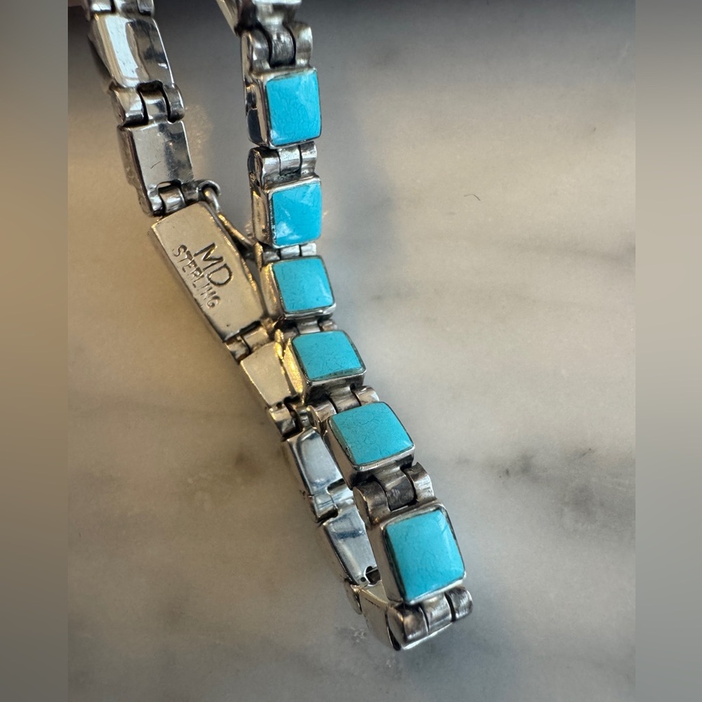 Vintage Sleeping Beauty Turquoise Square Cut Sterling Silver Link Bracelet